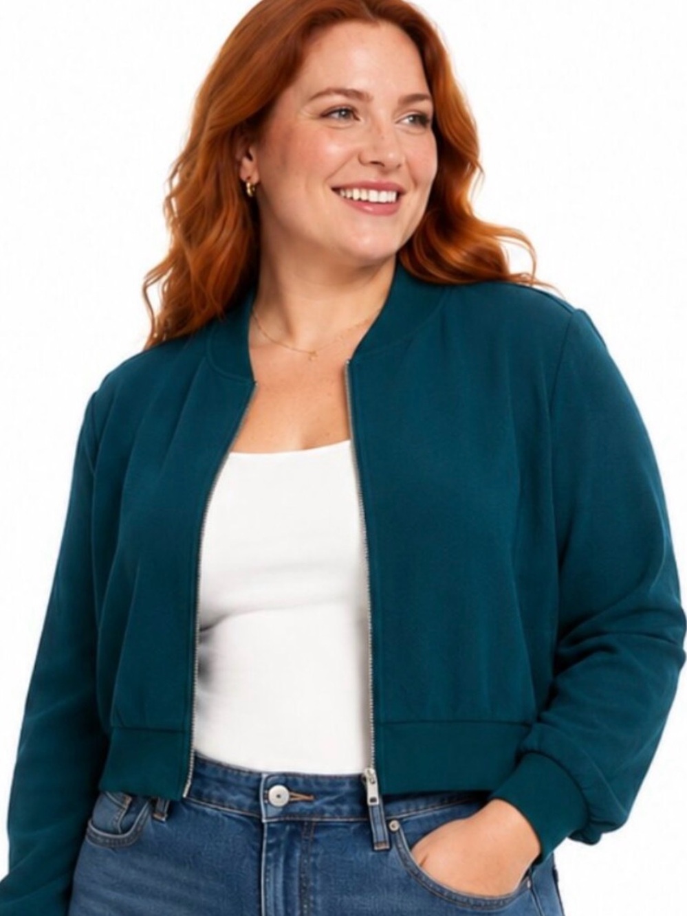 SHEIN Curve 1XL - Dark Teal/Blue-Green Crop Bomber Style Zip-up Jacket -